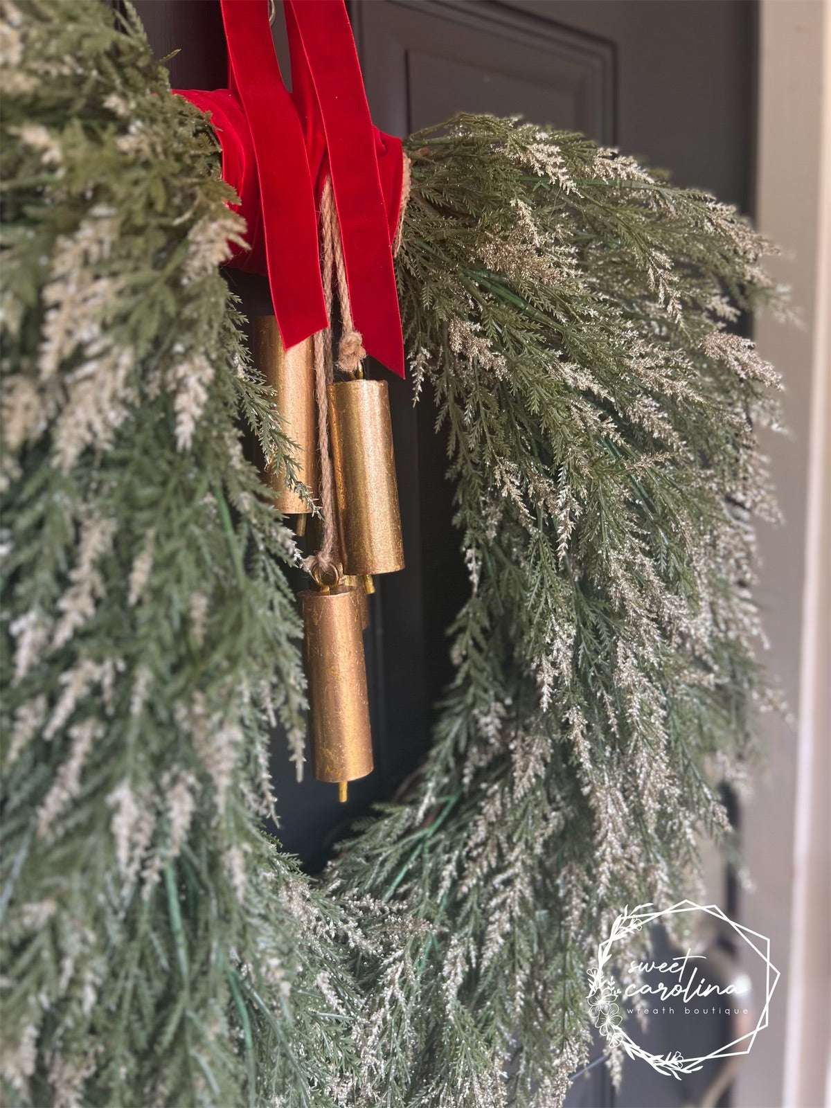 Green and Gold Winter Pine with Red Velvet Bow Hanger and Bells