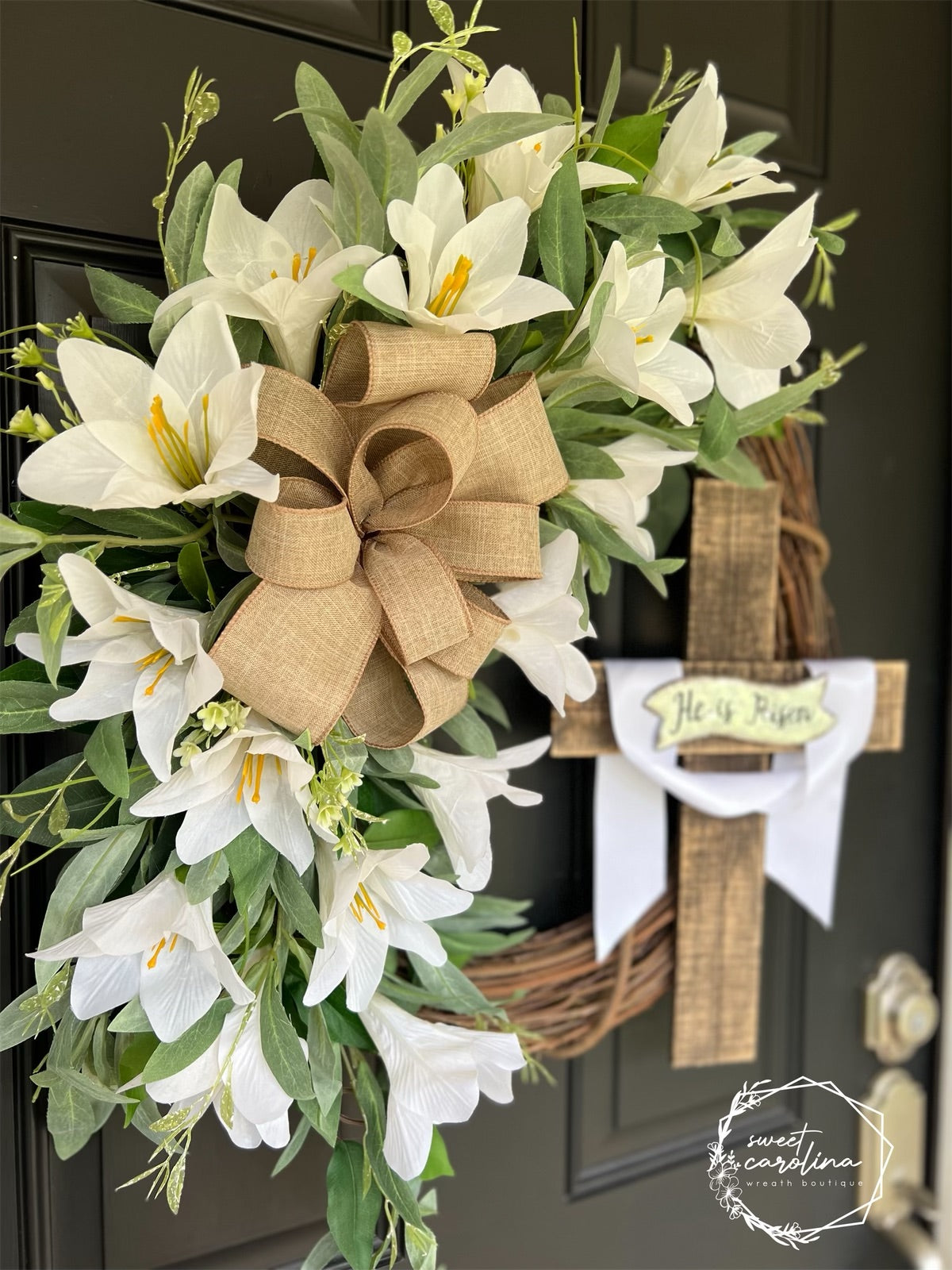 White Lily Easter Spring Wreath with Bow