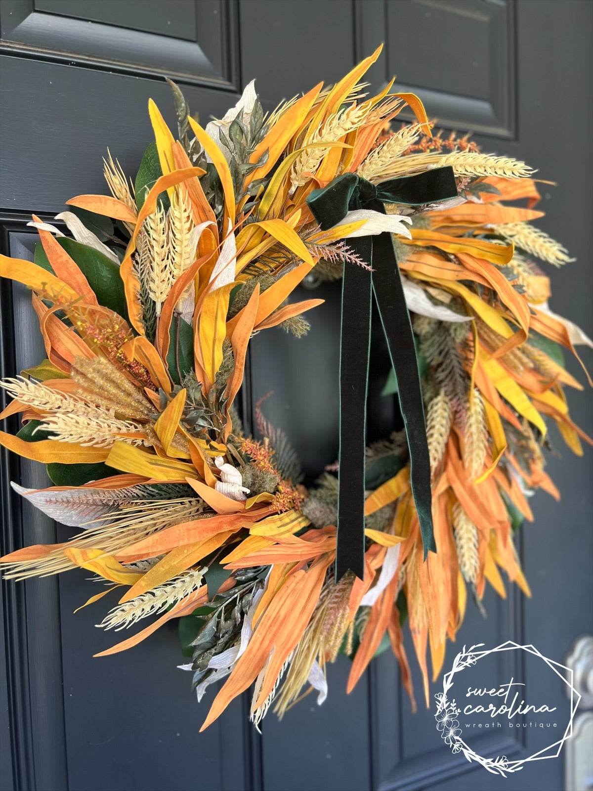 Last Chance for “Friedrich” Wheat, Corn Husk, Green Magnolia Leaves, Ruscus