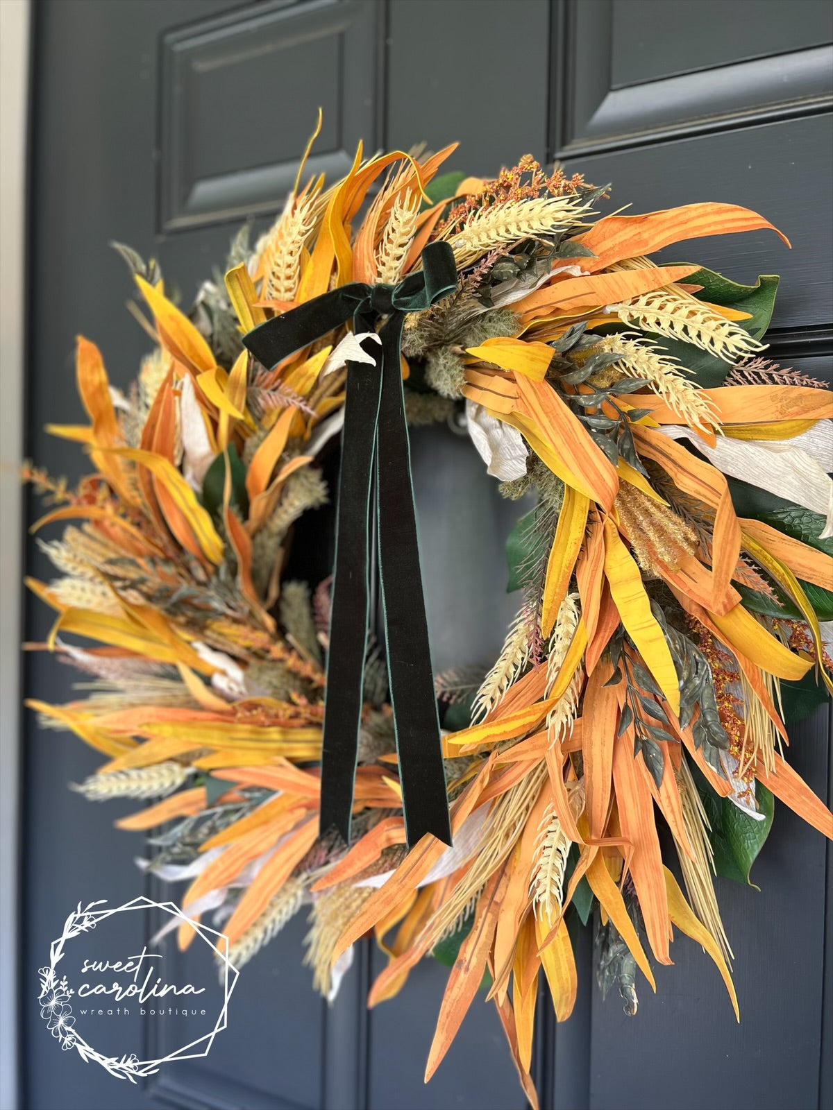 Last Chance for “Friedrich” Wheat, Corn Husk, Green Magnolia Leaves, Ruscus