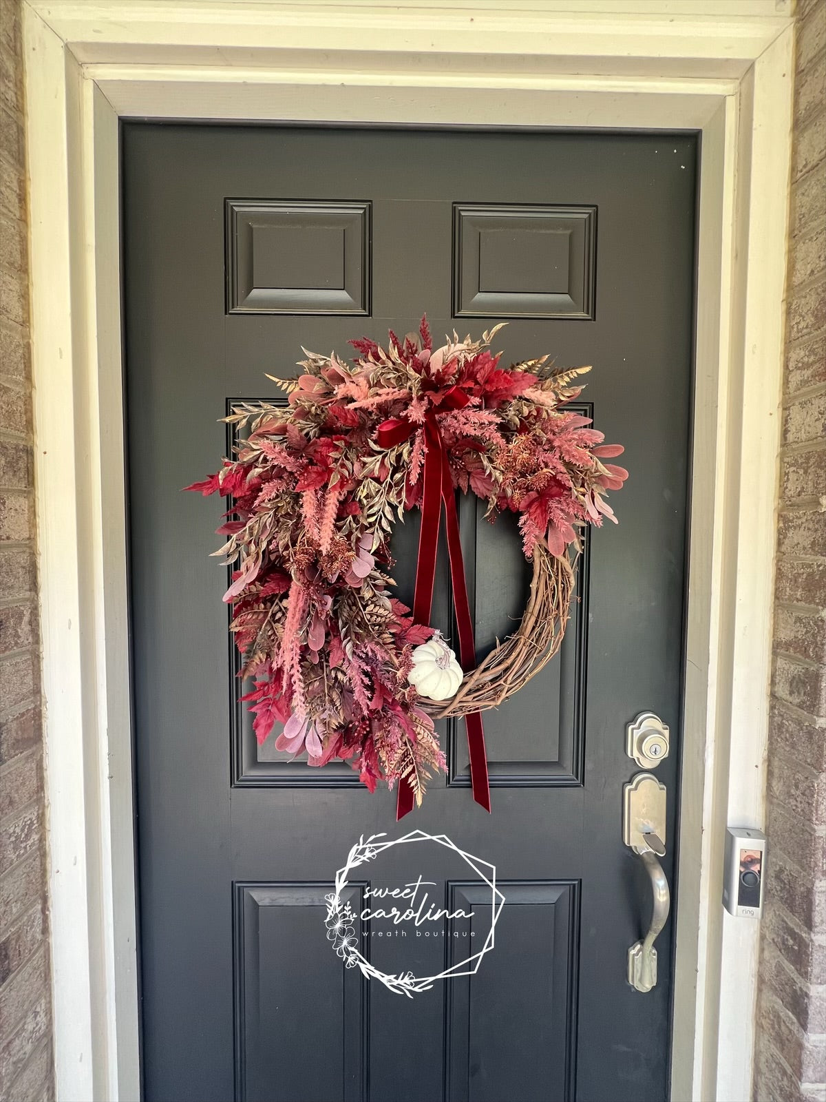 Romantic Red and Bronze Pampas and Plum Leaf Fall Wreath with Cream Pumpkin and Velvet Bow