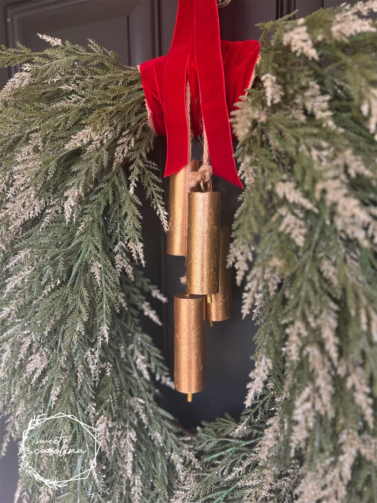 Green and Gold Winter Pine with Red Velvet Bow Hanger and Bells