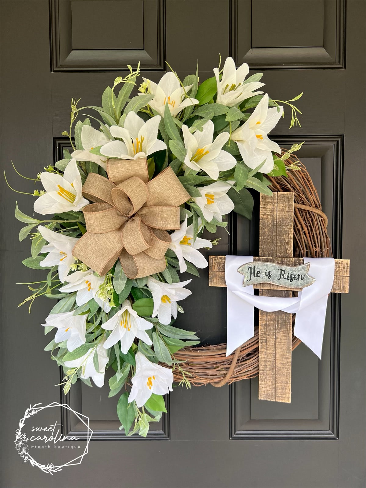 White Lily Easter Spring Wreath with Bow