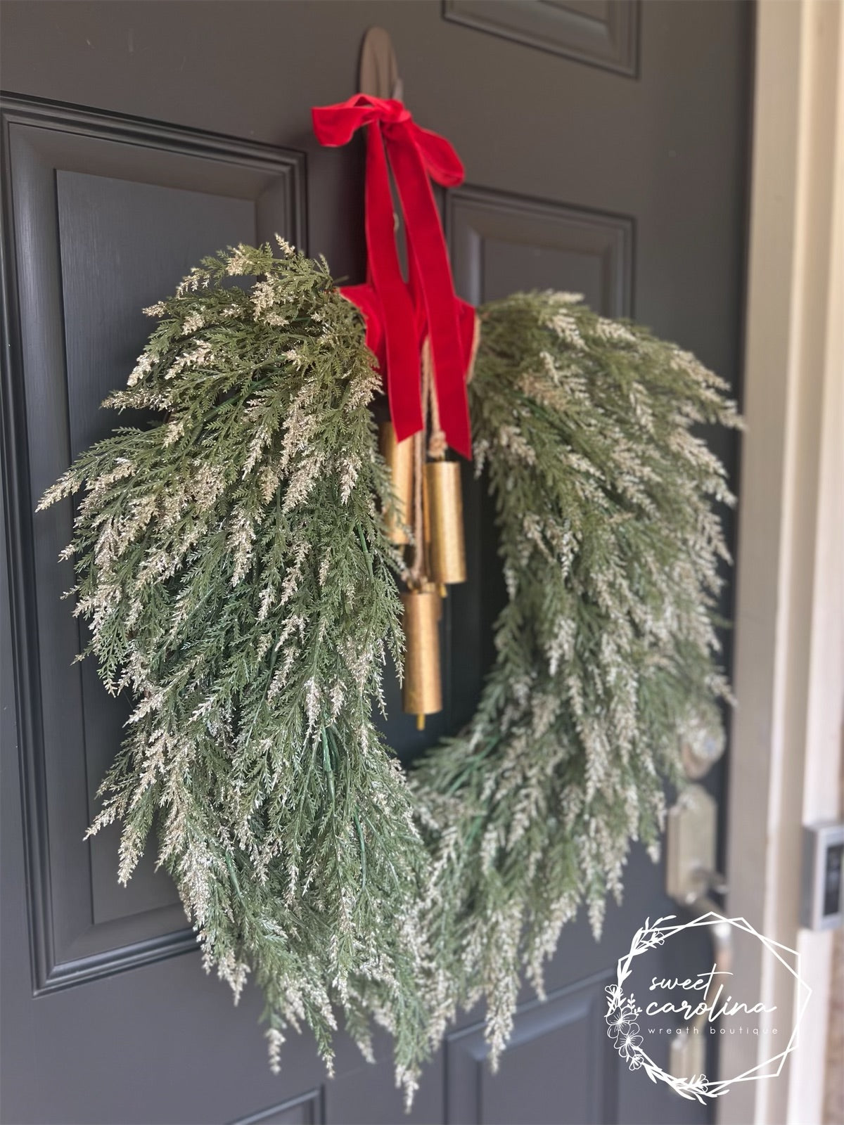 Green and Gold Winter Pine with Red Velvet Bow Hanger and Bells