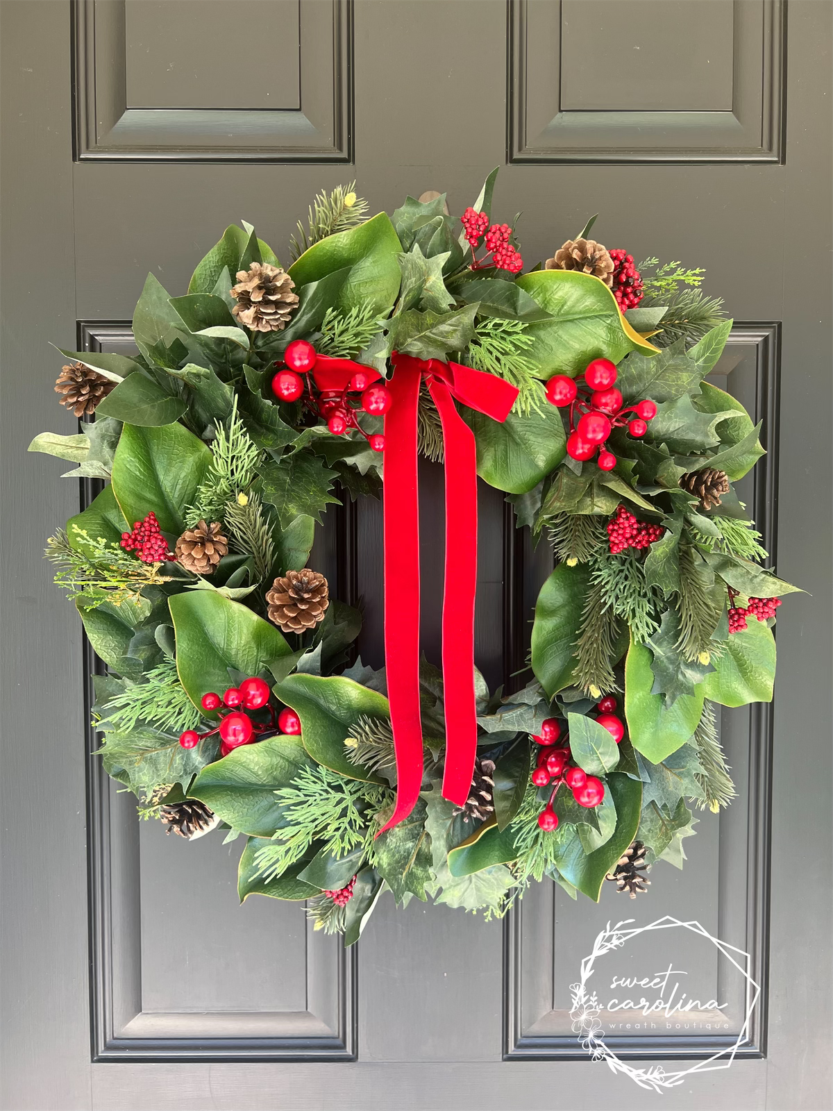 Holly, Pine, Berry, and Magnolia Leaf Christmas Wreath