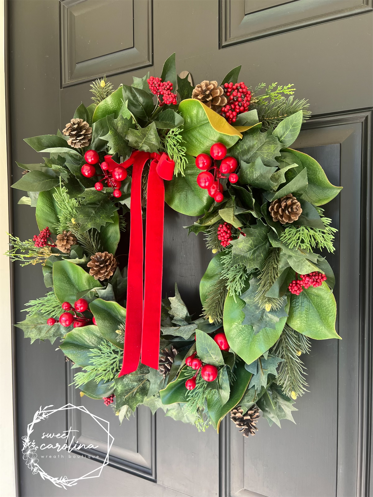 Holly, Pine, Berry, and Magnolia Leaf Christmas Wreath