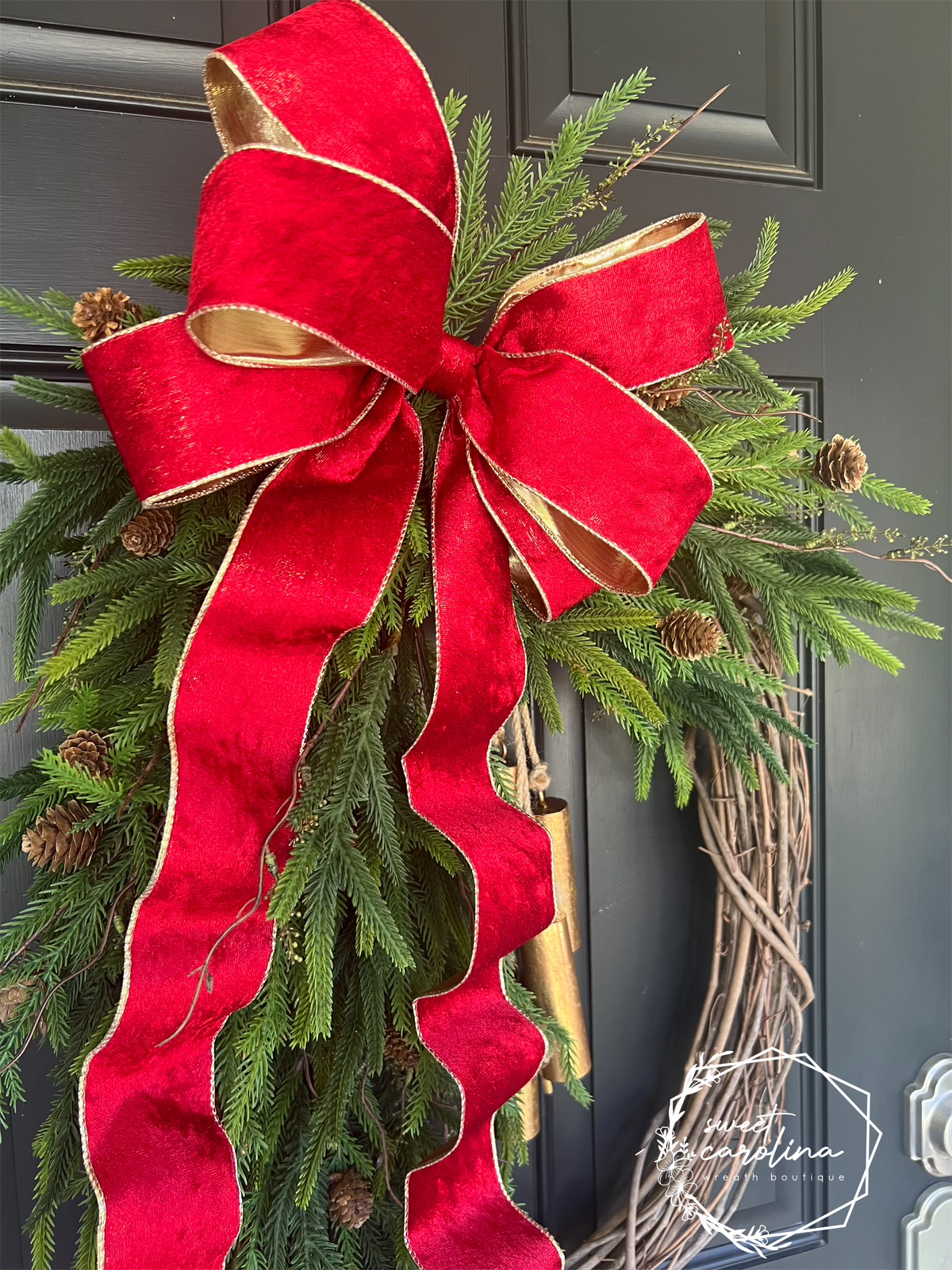 Faux Pine Wreath with Holiday Bow and Gold Bells