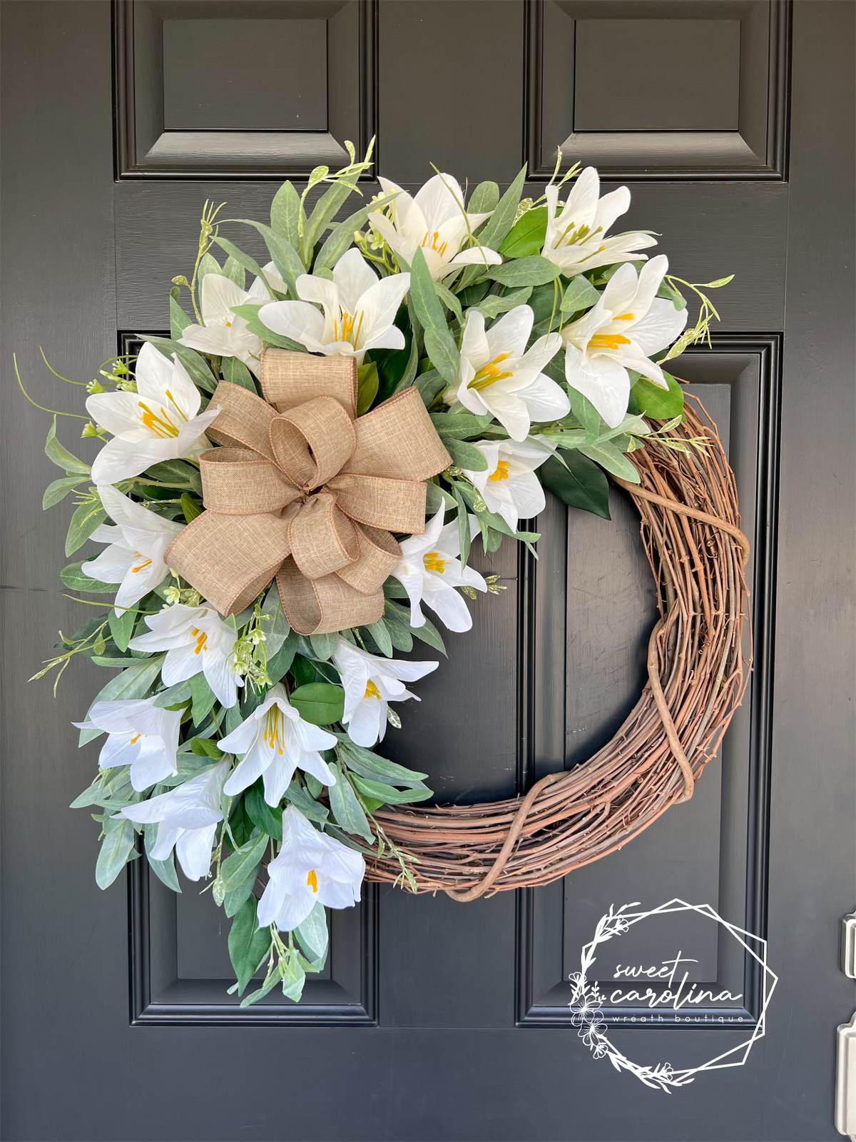 White Lily Easter Spring Wreath with Bow