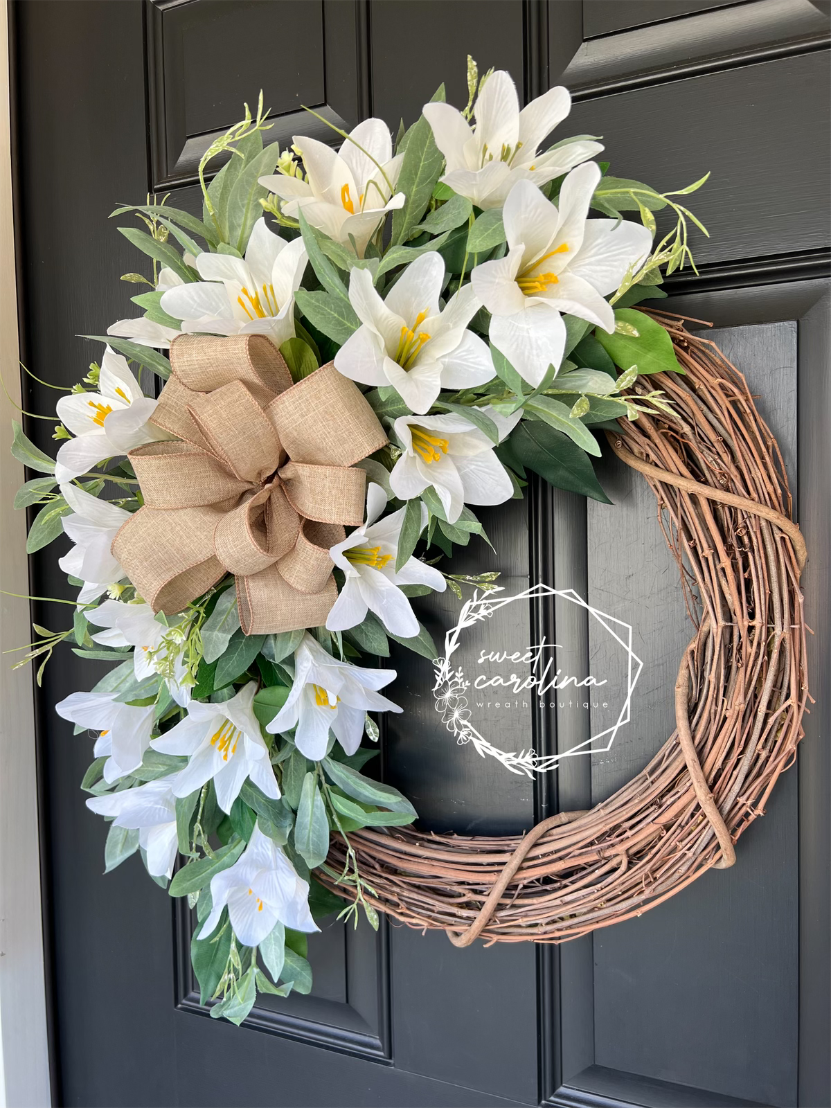 White Lily Easter Spring Wreath with Bow