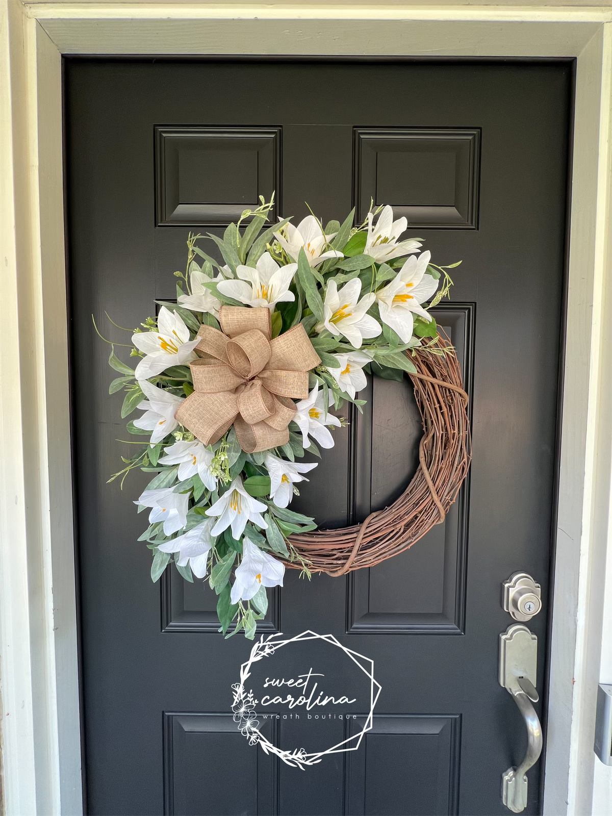 White Lily Easter Spring Wreath with Bow