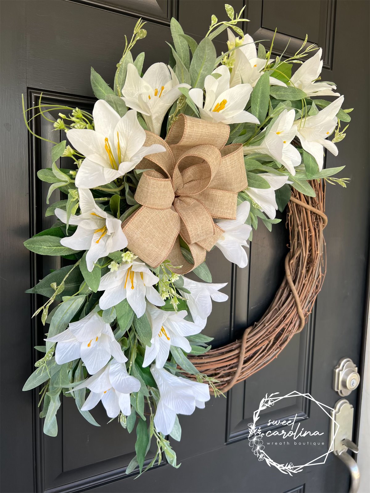 White Lily Easter Spring Wreath with Bow