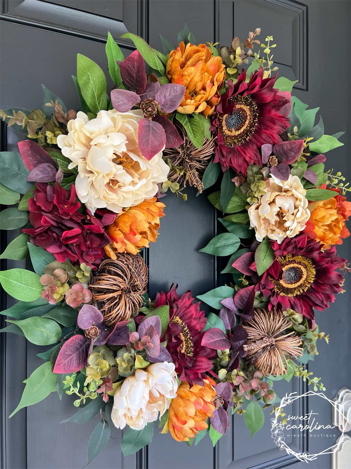 “Queen Autumn” Sunflower, Peony, and Pumpkin Wreath