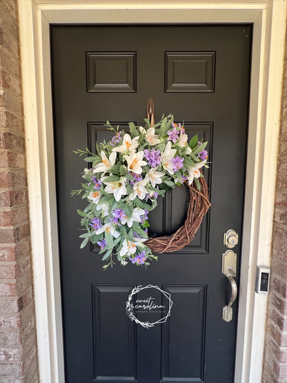 White & Lavender Lily Spring Wreath