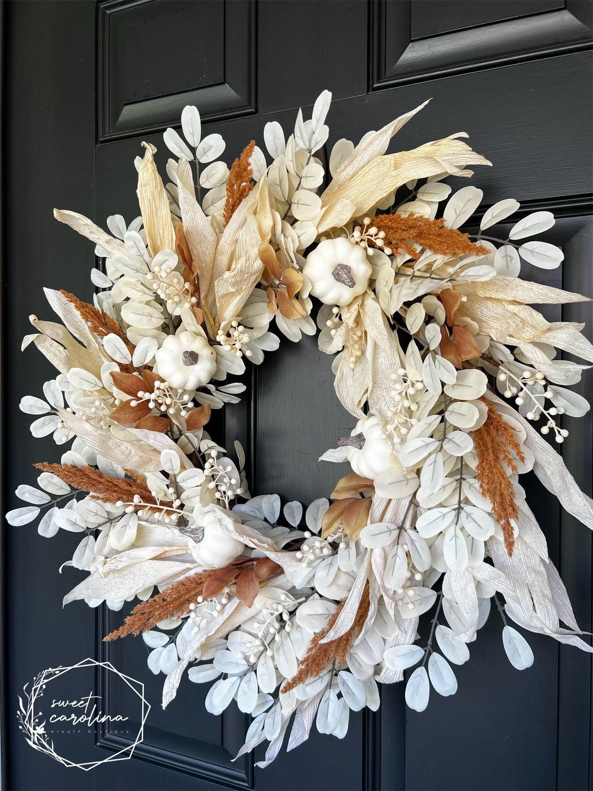 “Pumpkin Roll” Pumpkin, Cream Berry and Leaf Wreath