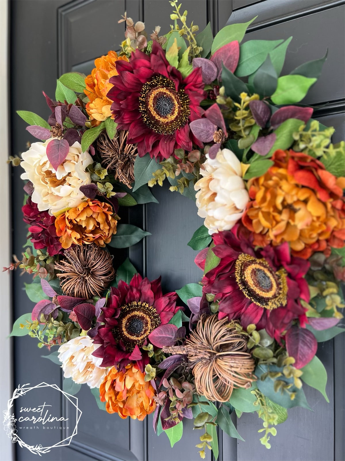 “Queen Autumn” Sunflower, Peony, and Pumpkin Wreath