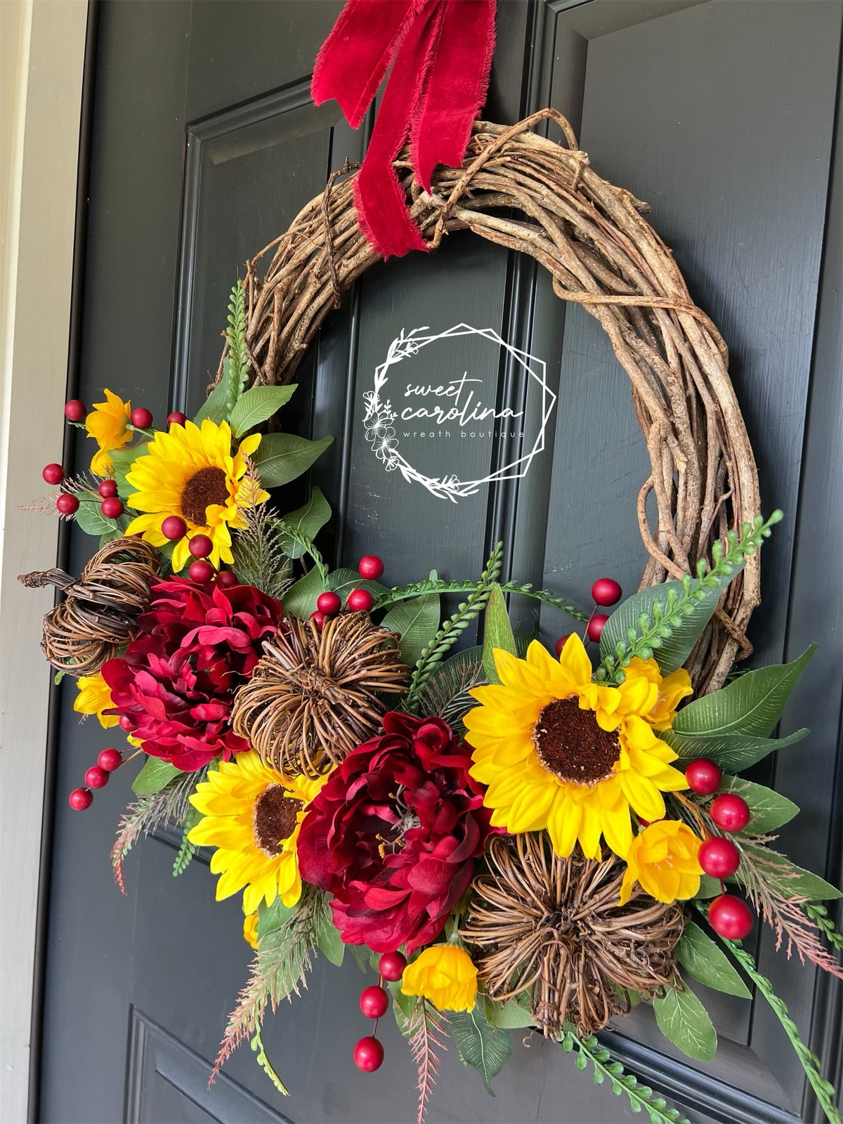 “Kelce” Sunflower, Red Peony, and Pumpkin Wreath