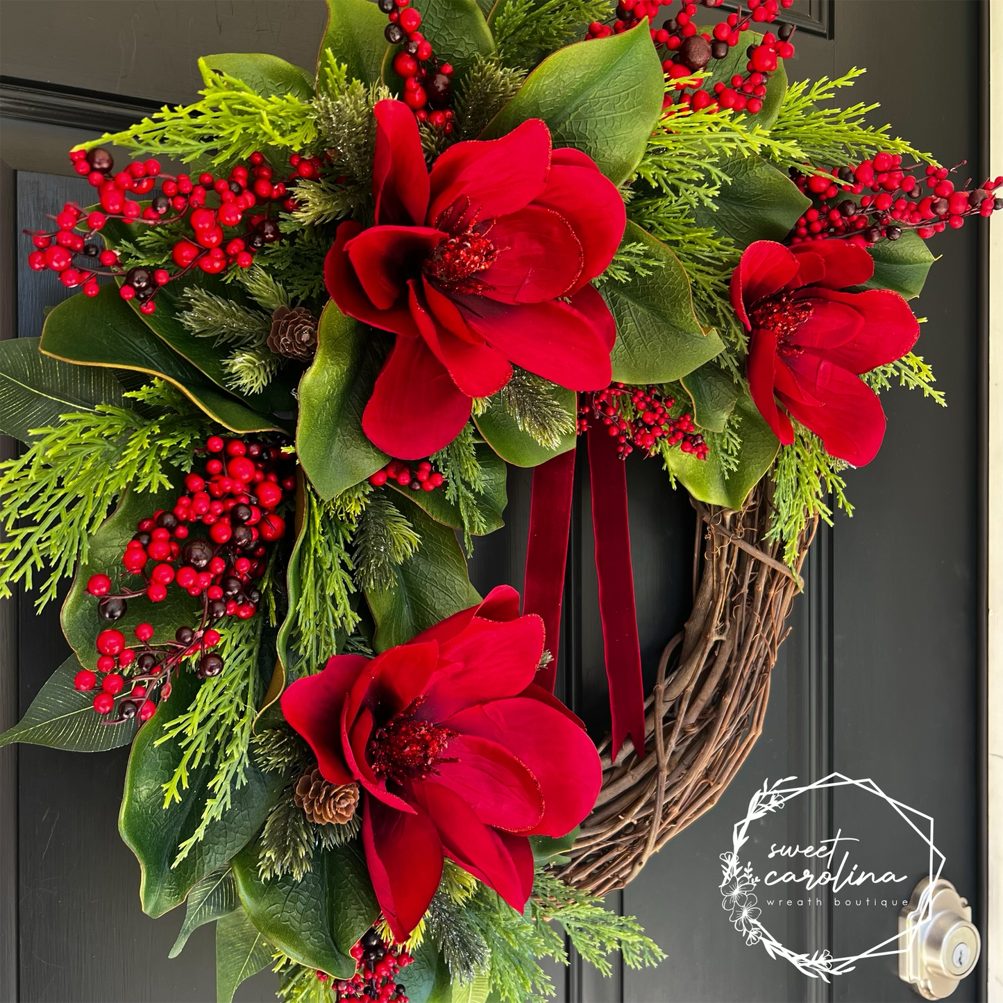 "Santa Baby" red magnolia, magnolia leaf wreath