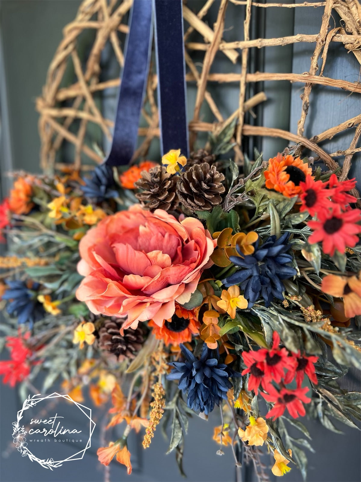 Navy Mums and Orange Peony Wreath with Velvet Bow