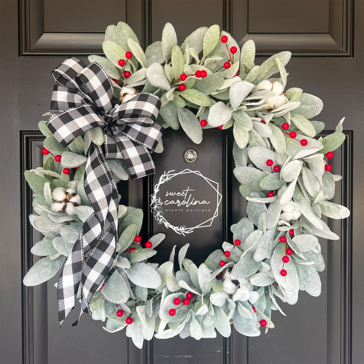 "Christmas Farmhouse" lamb’s ear, buffalo check, and red berries wreath