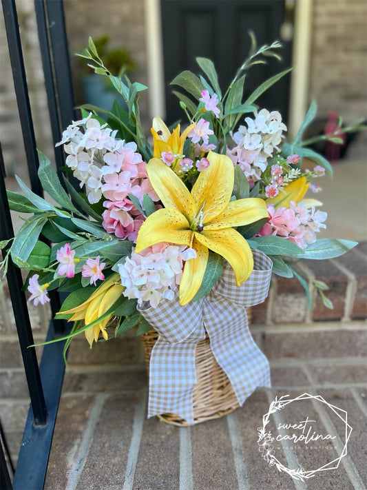 Lily and Cone Hydrangea Basket with Olive Leaves