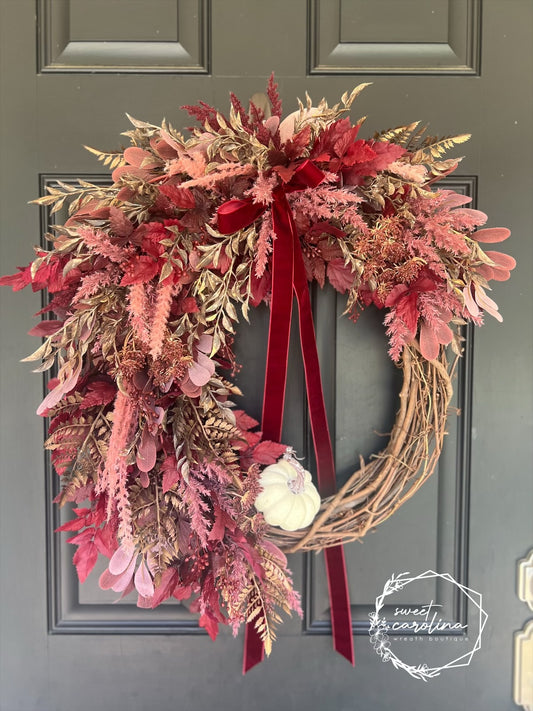 Romantic Red and Bronze Pampas and Plum Leaf Fall Wreath with Cream Pumpkin and Velvet Bow