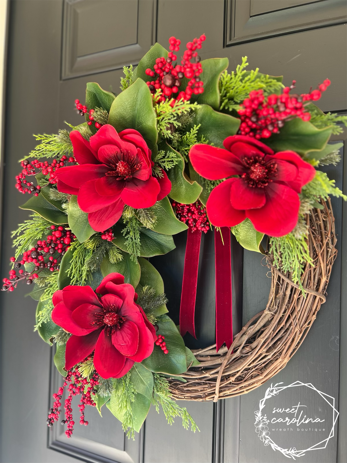 "Santa Baby" red magnolia, magnolia leaf wreath