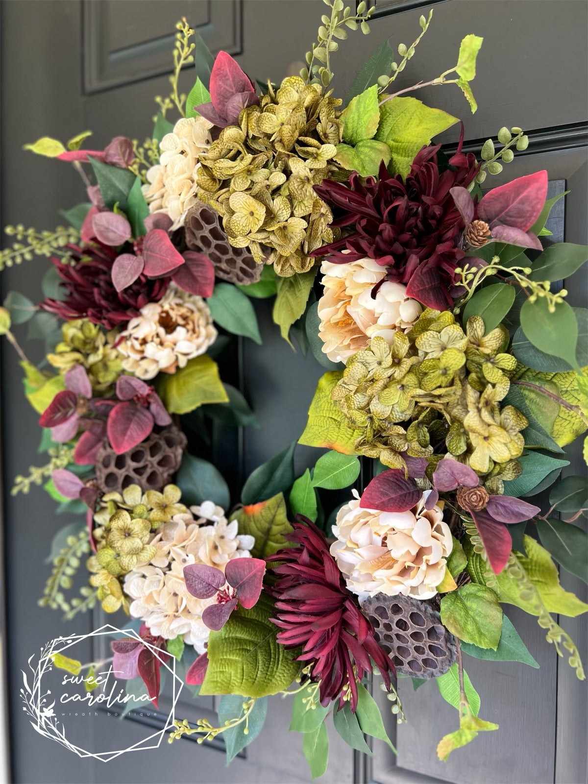 “Wine Country” Mum, Peony, and Hydrangea Wreath