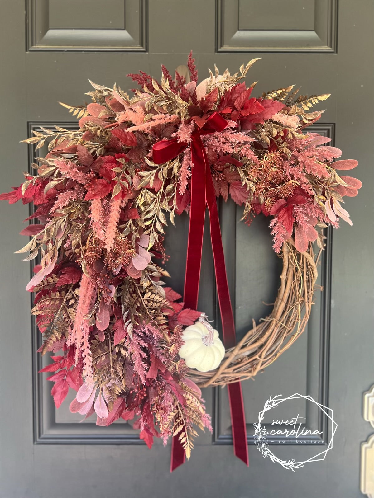 Romantic Red and Bronze Pampas and Plum Leaf Fall Wreath with Cream Pumpkin and Velvet Bow