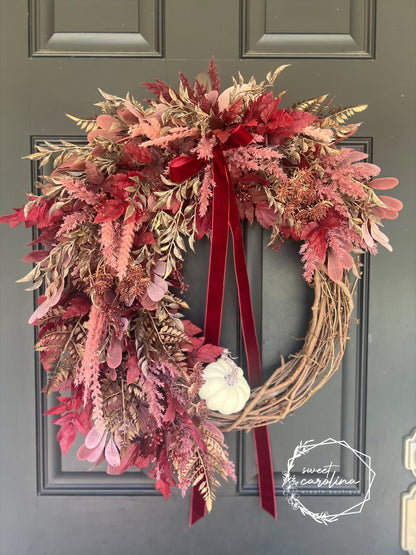 Romantic Red and Bronze Pampas and Plum Leaf Fall Wreath with Cream Pumpkin and Velvet Bow