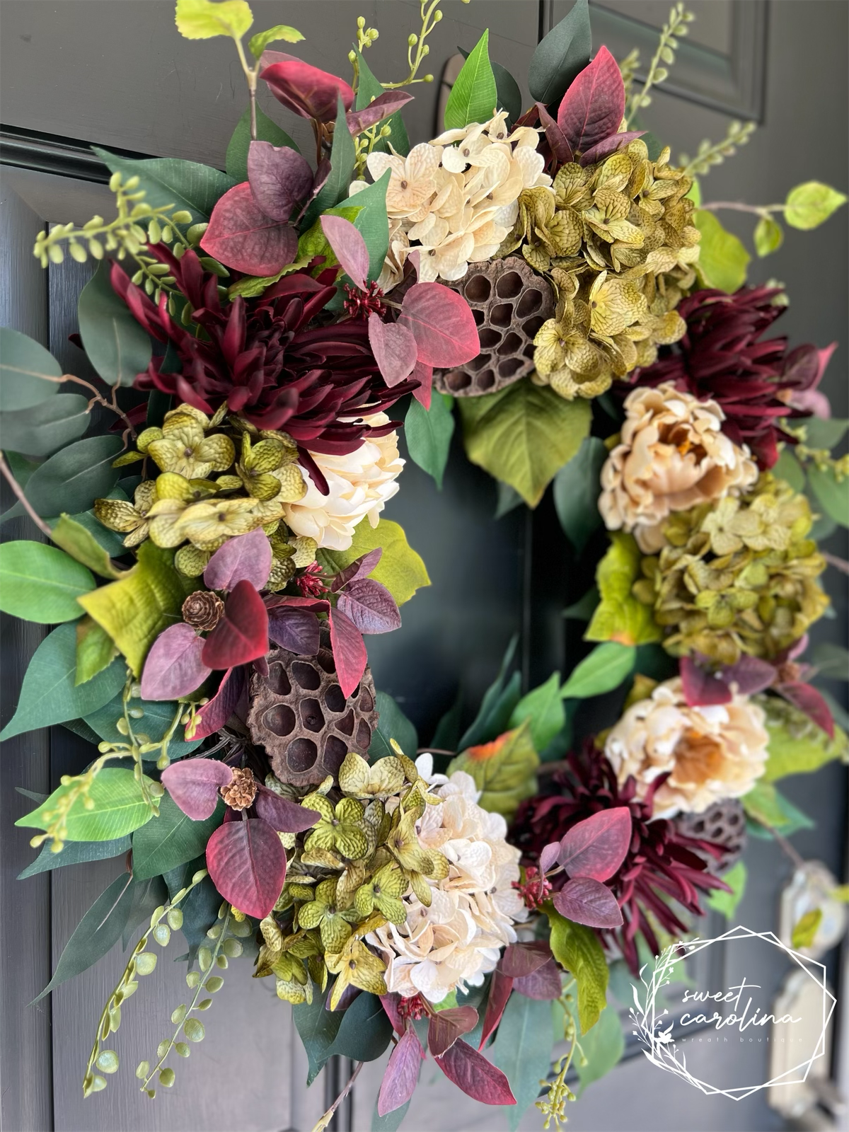 Wine Country- Burgundy, Green, and Cream Whimsical Wreath