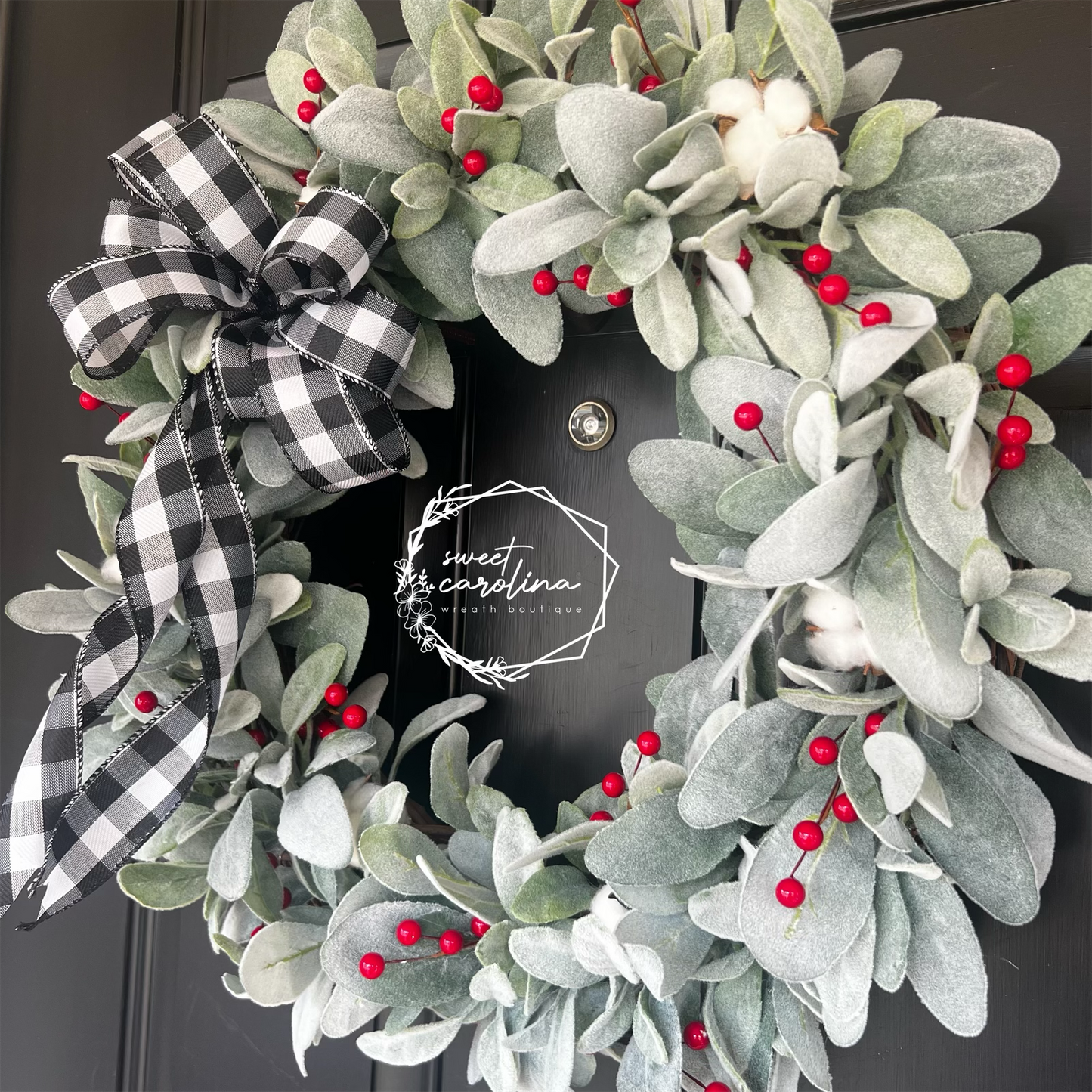 "Christmas Farmhouse" lamb’s ear, buffalo check, and red berries wreath