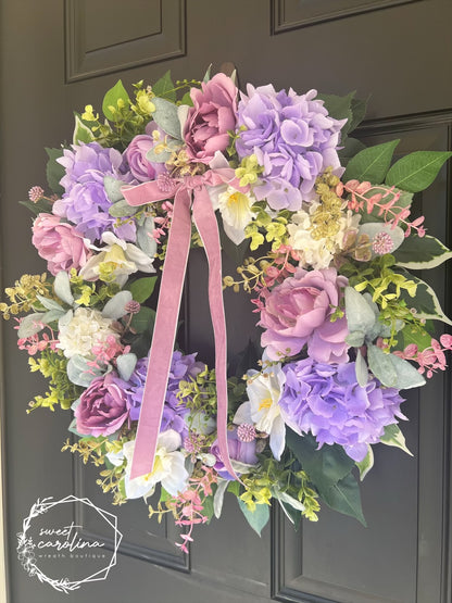 Purple Peony and Hydrangea Garden Wreath