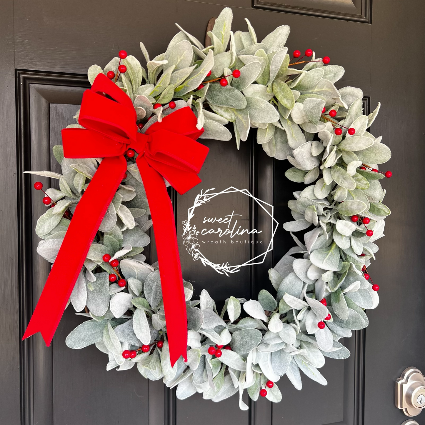 Christmas Cheer- lamb’s ear, red berries, bright velvet bow