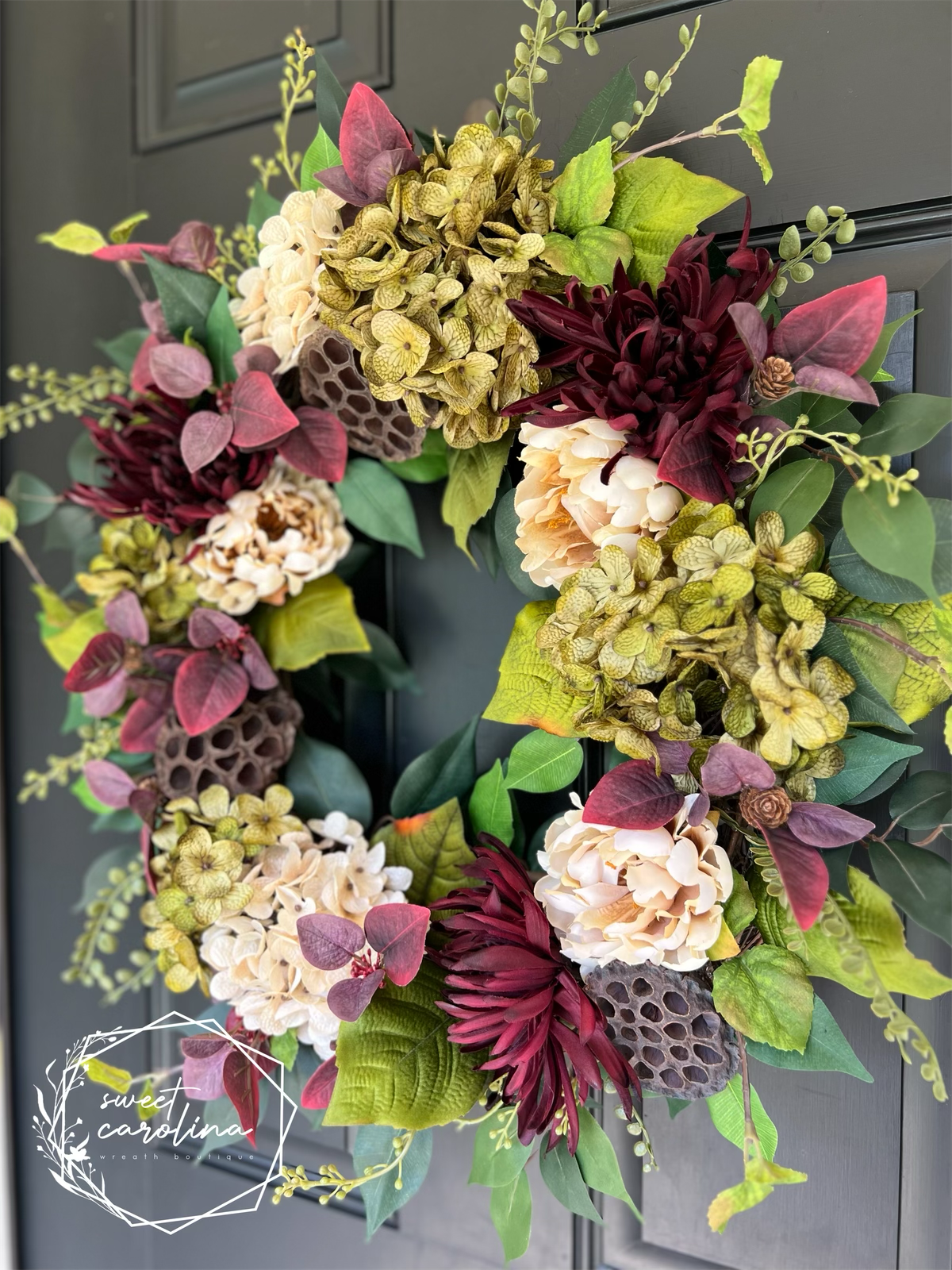 Wine Country- Burgundy, Green, and Cream Whimsical Wreath