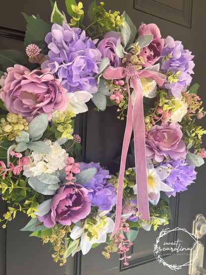 Purple Peony and Hydrangea Garden Wreath