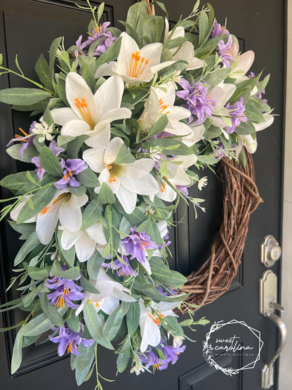 White & Lavender Lily Spring Wreath
