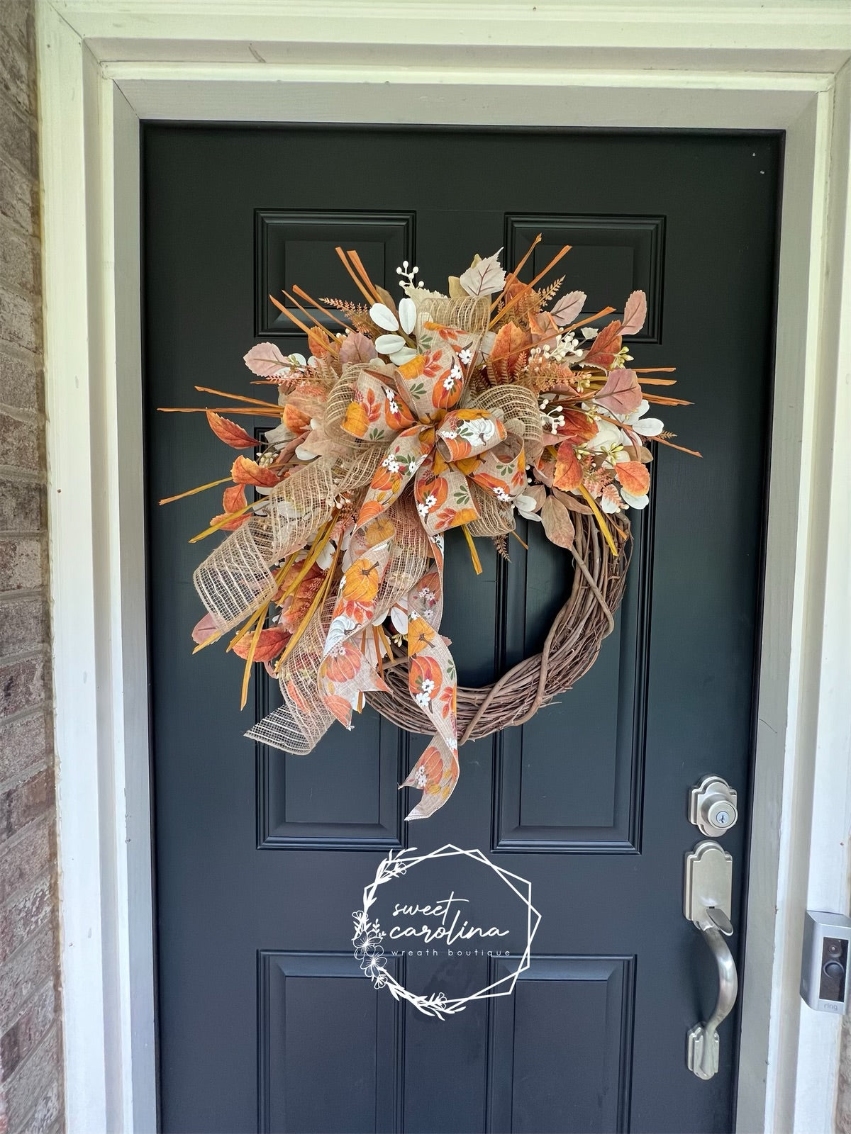 Orange, Cream, and Rust Fall Foliage Wreath with Double Pumpkin Bow