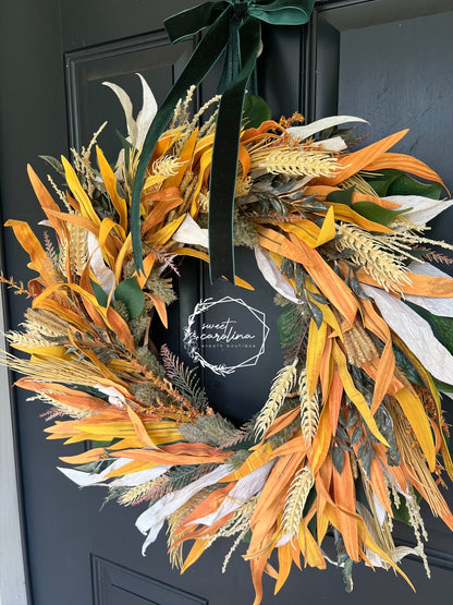 Last Chance for “Friedrich” Wheat, Corn Husk, Green Magnolia Leaves, Ruscus