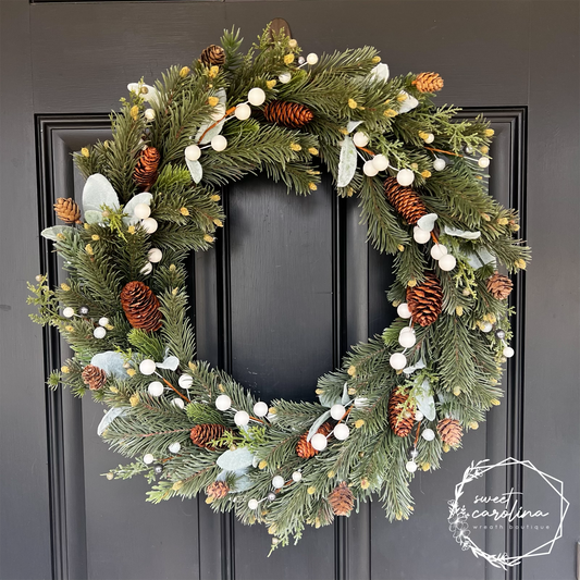 Winter is Coming- Winter pine, lamb’s ear, pinecones, and white berries