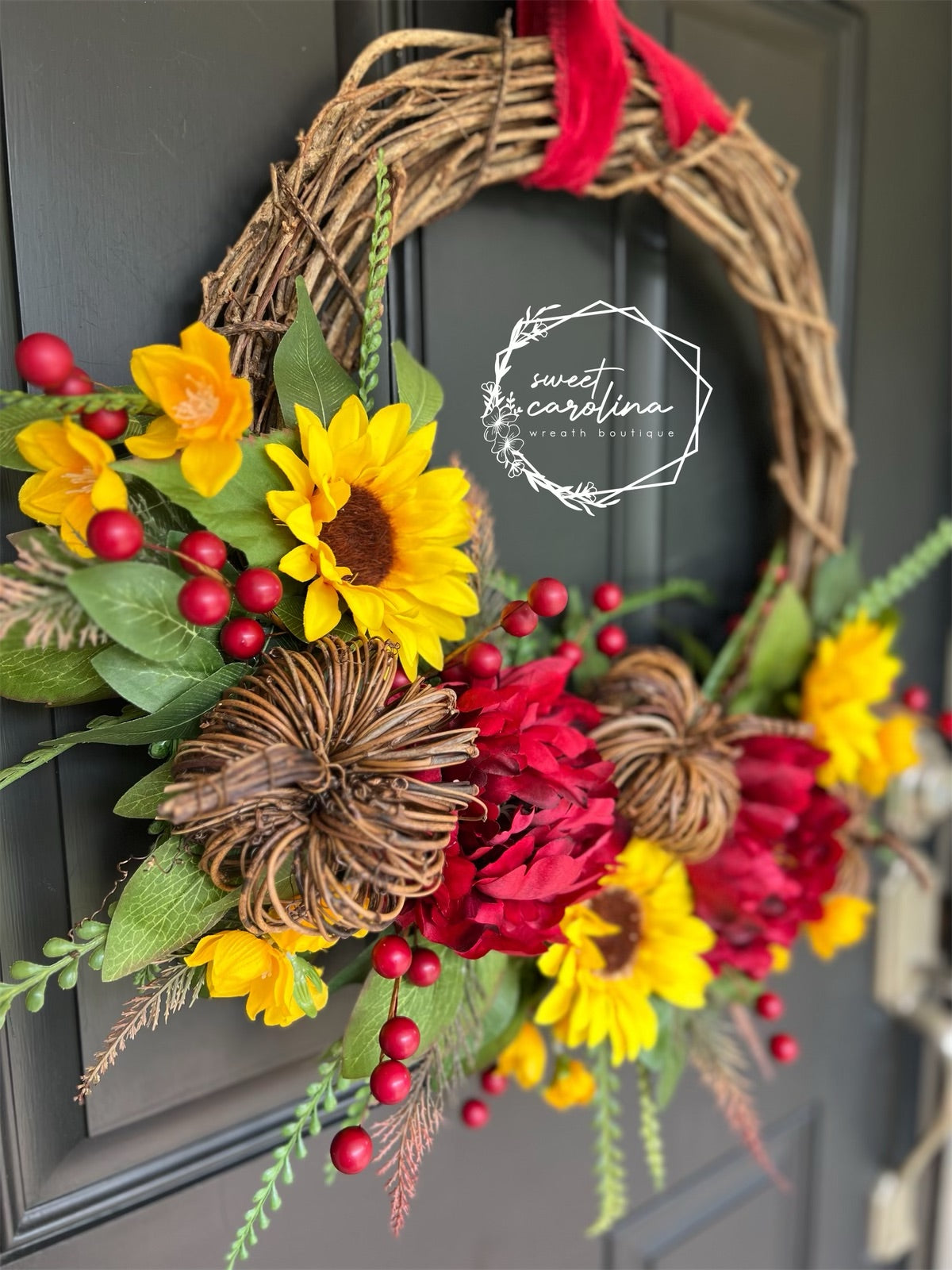 “Kelce” Sunflower, Red Peony, and Pumpkin Wreath