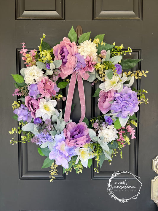 Purple Peony and Hydrangea Garden Wreath