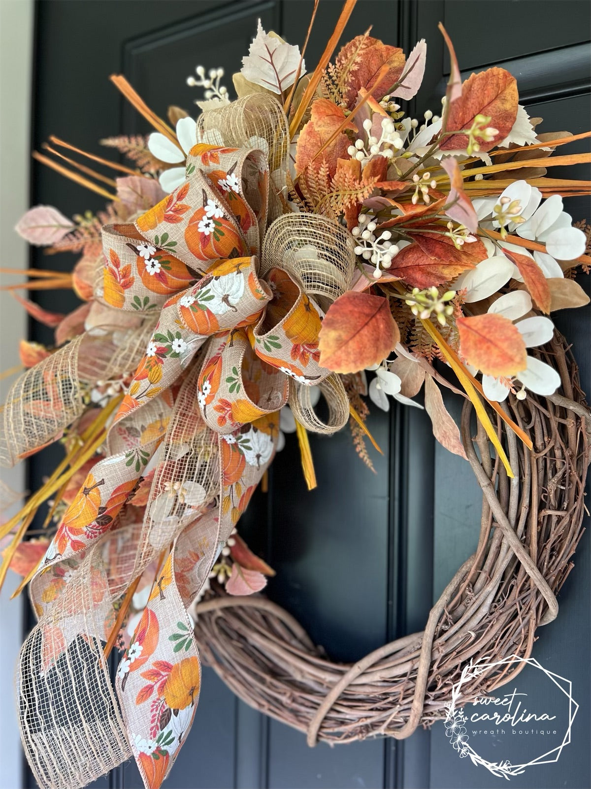 Orange, Cream, and Rust Fall Foliage Wreath with Double Pumpkin Bow