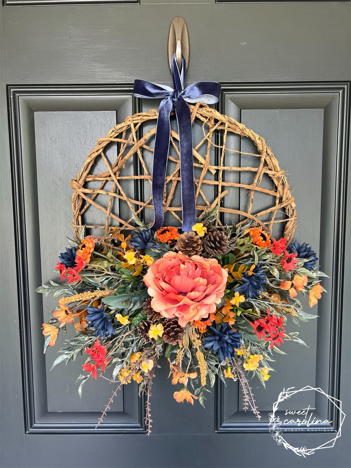 Navy Mums and Orange Peony Wreath with Velvet Bow