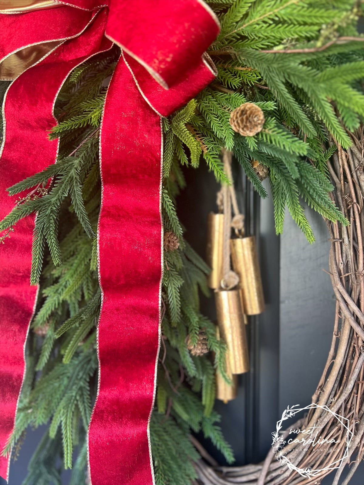 Faux Pine Wreath with Holiday Bow and Gold Bells
