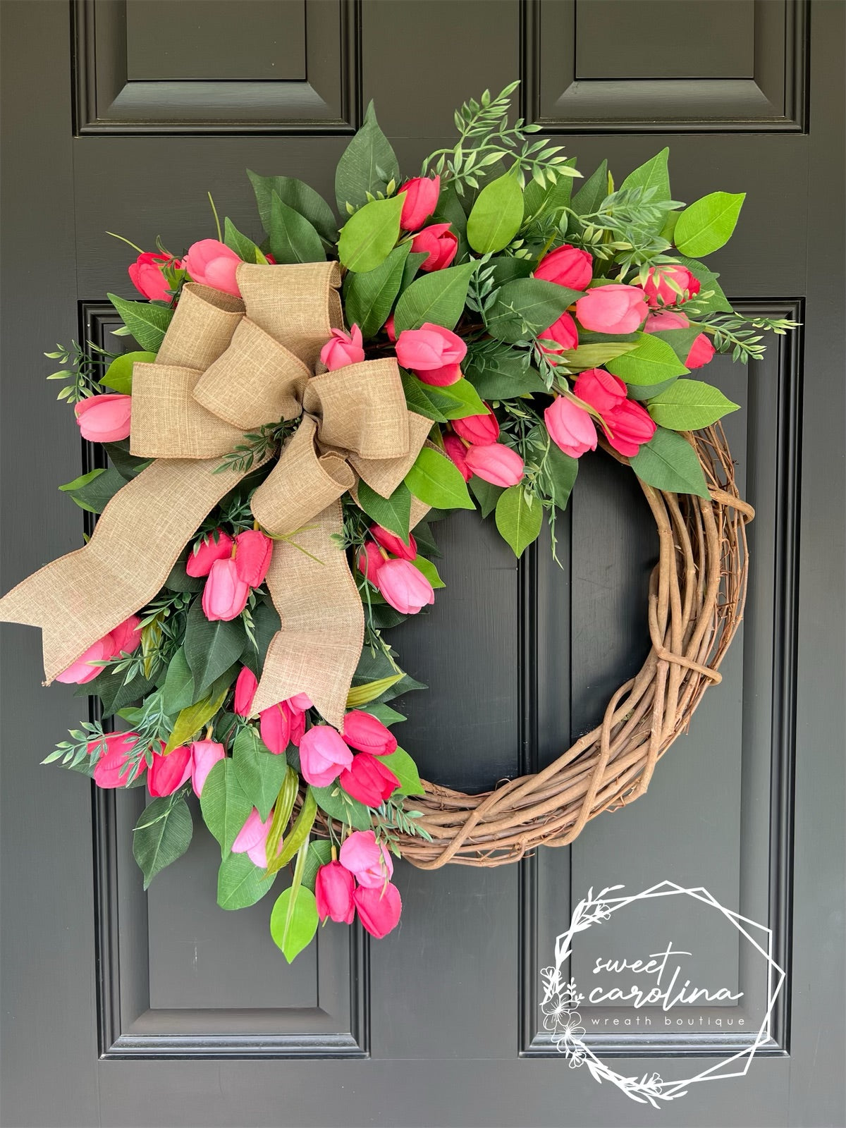 Tulip and Layered Ficus Wreath with Bow