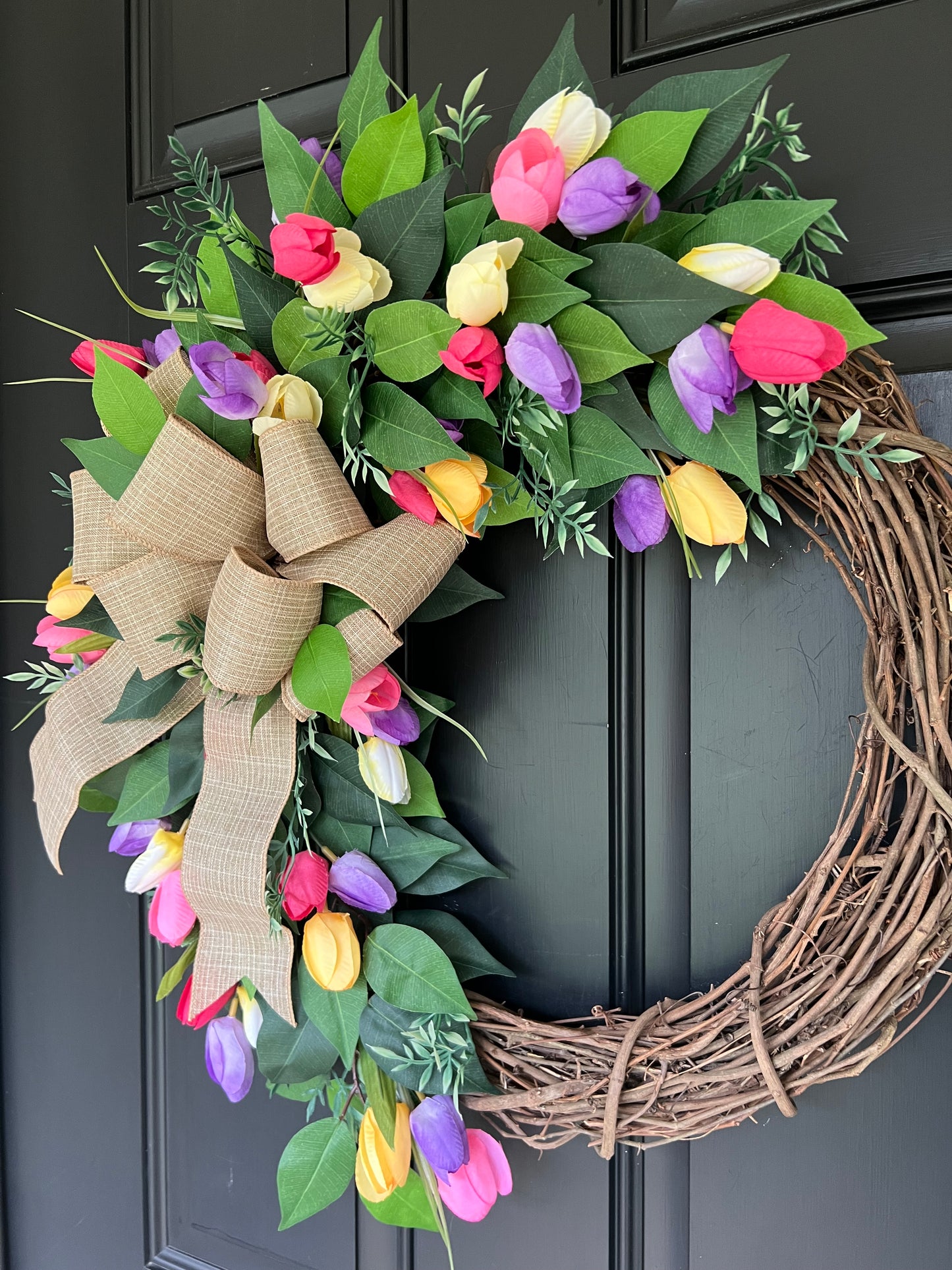 Tulip and Layered Ficus Wreath with Bow