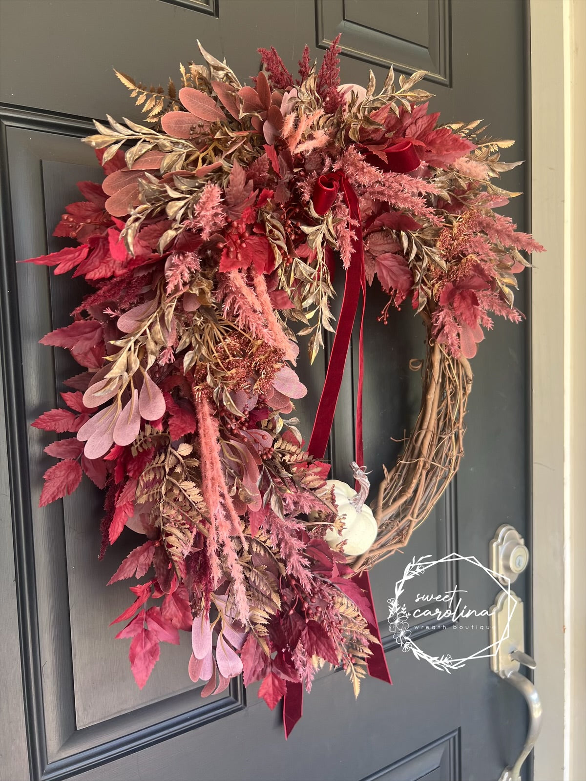Romantic Red and Bronze Pampas and Plum Leaf Fall Wreath with Cream Pumpkin and Velvet Bow