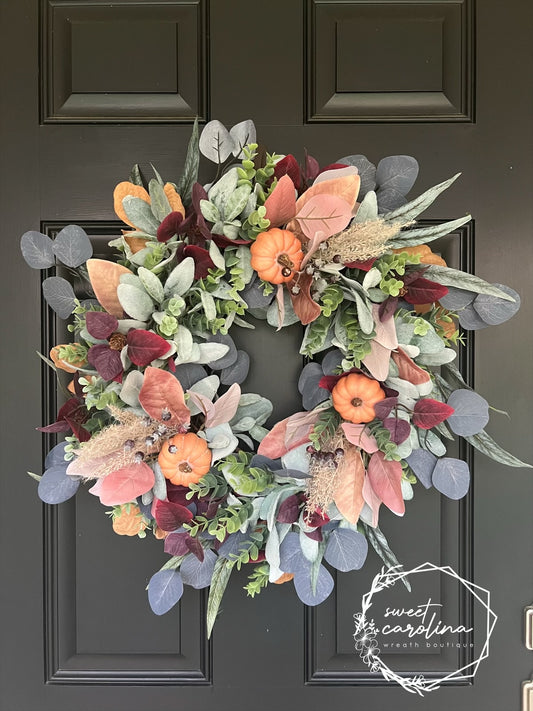 Blue and Plum Fall Wreath • Eucalyptus, Lamb’s Ear, Pampus, Pumpkins Grapevine Wreath