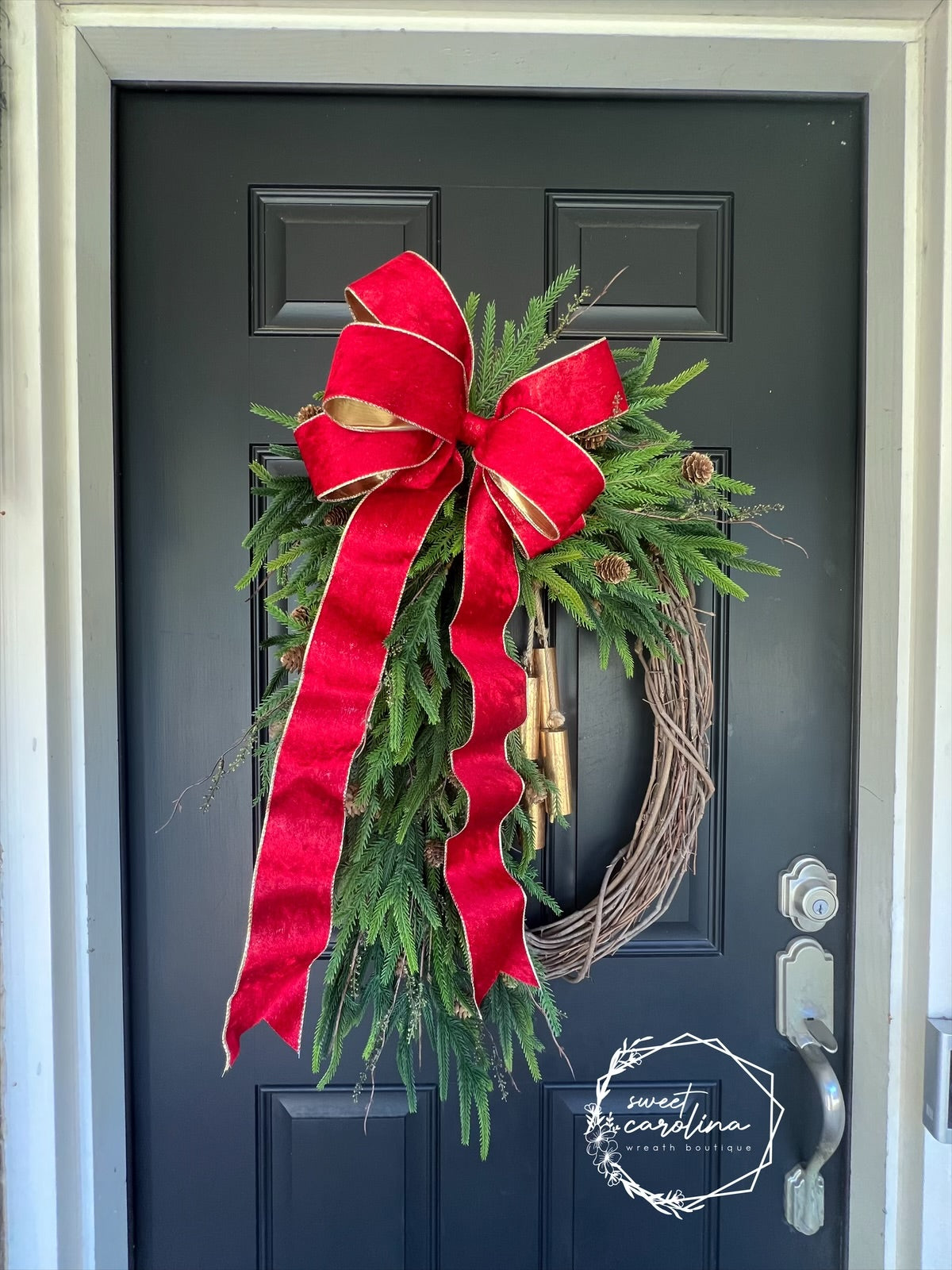 Faux Pine Wreath with Holiday Bow and Gold Bells