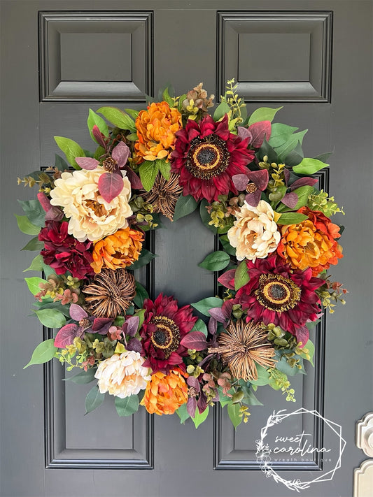 “Queen Autumn” Sunflower, Peony, and Pumpkin Wreath